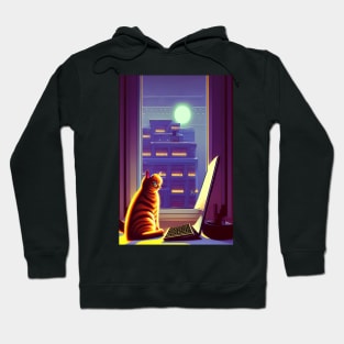 Cat Working On Office At Night Comic Artwork Style Hoodie